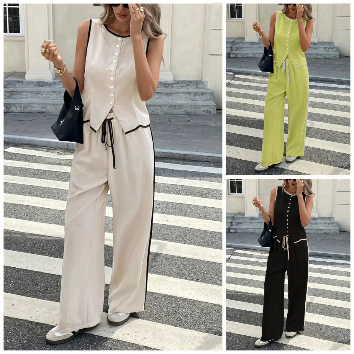 🔥Hot Sale 60% Off🔥Women's Contrast Binding Sleeveless Tank & Drawstring Waist Pants Two-piece Set