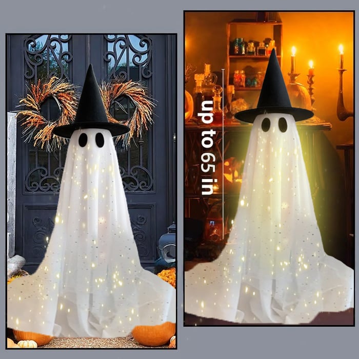 👻✨Halloween Spooky Lighted Ghost Decor Set, Indoor Outdoor Decorative Wind-Resistant Party Decoration Set with String Lights, Waterbags & Hats for Porch Yard, Lighted Party