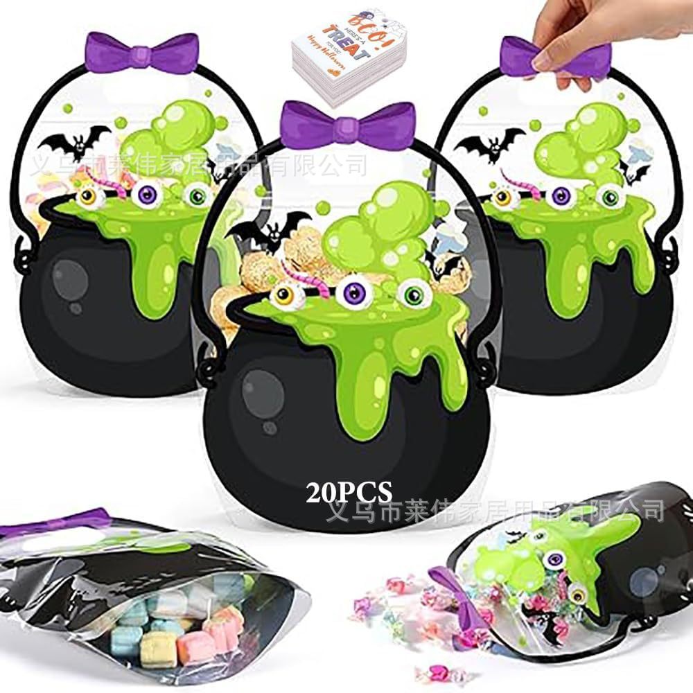 🎃Halloween Plastic Goodie Bags, Trick or Treat Candy Bags, Cauldron, Skeleton, Black Cat, Skull, Pumpkin Pattern Treat Bags, Halloween Party Favor Snack Storage Bags for Classroom, Birthday, Students, Teachers, Neighbors