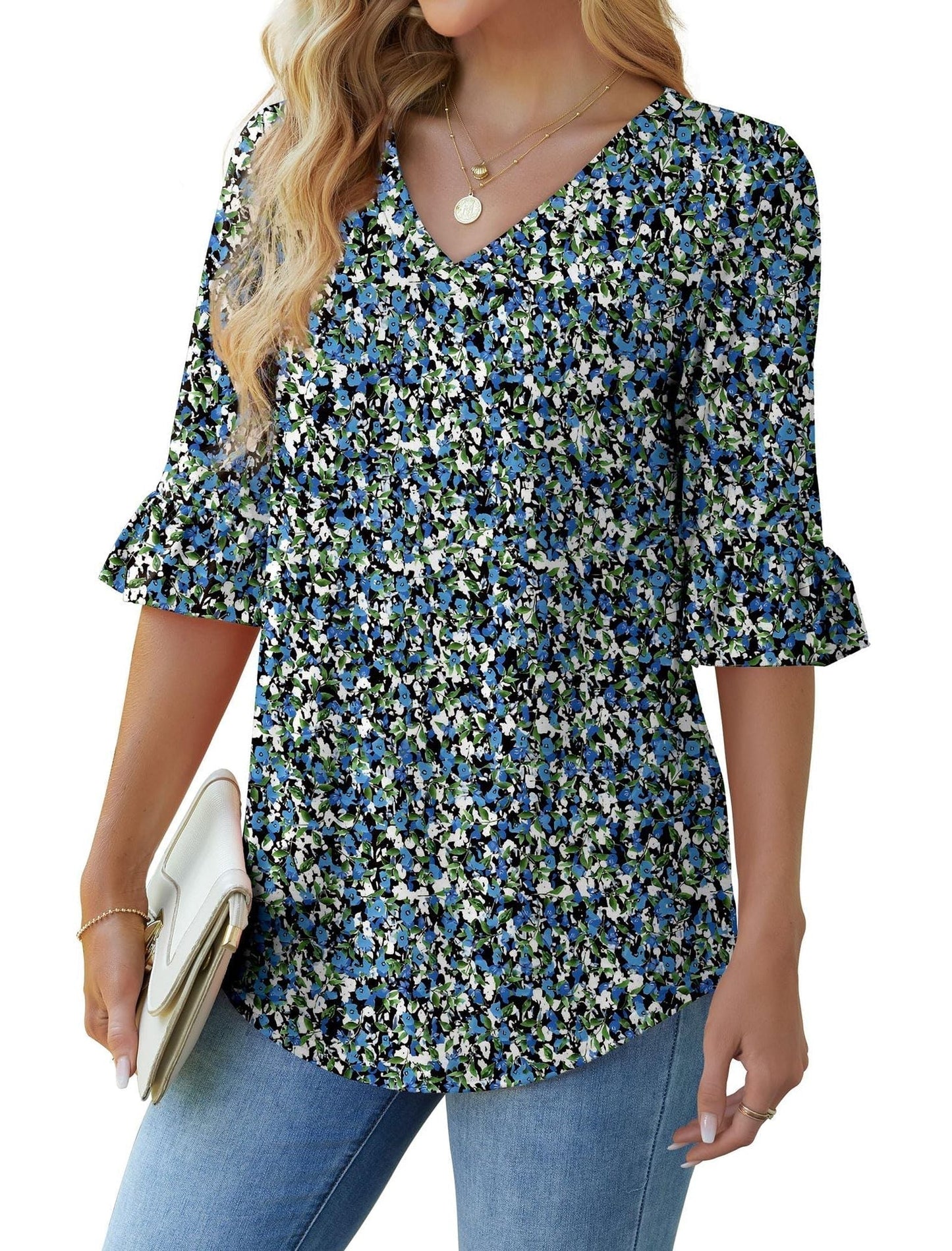 💕Limited Time Sale 50% Off👚Women's 3/4 Length Sleeve V-Neck Ruffle Sleeve Tunic Blouses