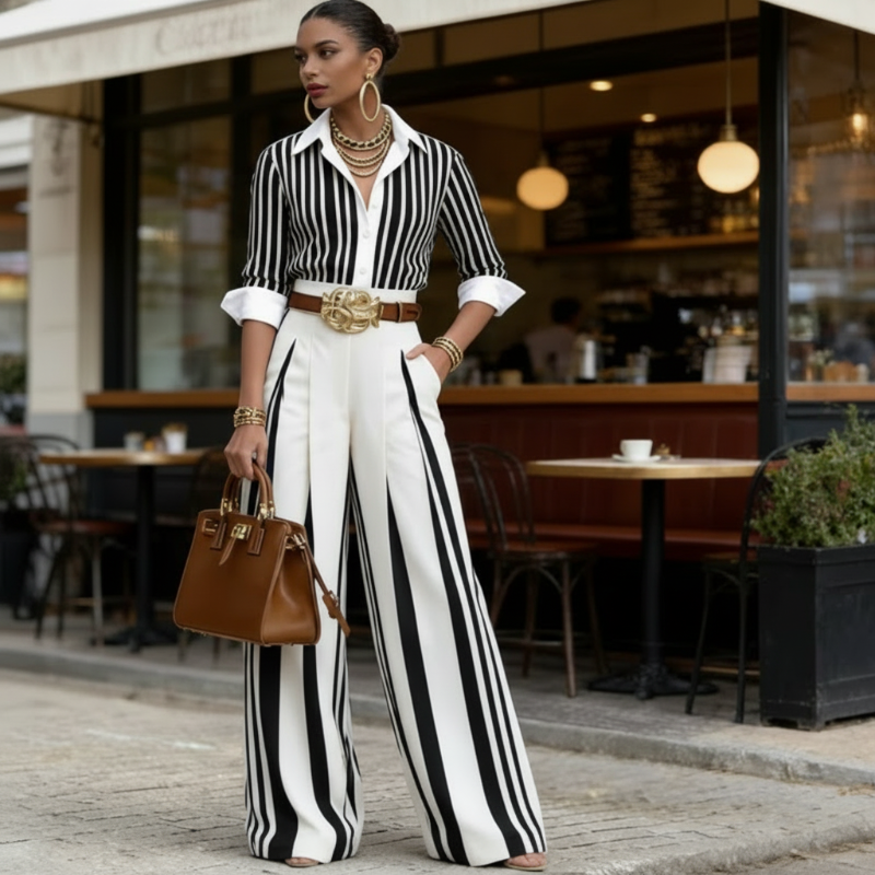 💞 Women's Striped Shirt & Wide-Leg Pants 2-Piece Set