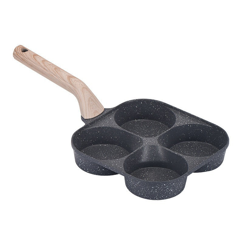 Non-stick Hole Design Egg Frying Pan, 4 Hole Skillet with Handle, Small Egg Fry Pan 3-in-1 Divided Grill Pan, Wooden Handle Stone Omelet Non-stick Cookware