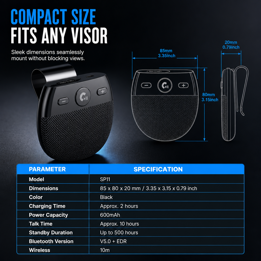 Bluetooth 5.0 Car Sun Visor Speakerphone | Vibration Auto On Hands-Free Call Kit with Caller ID & Dual Device Connection