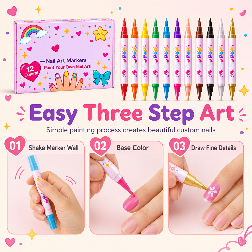 12 Colors Kids Dual Tip Nail Art Pen Set, Double Ended Markers for DIY Nail Painting