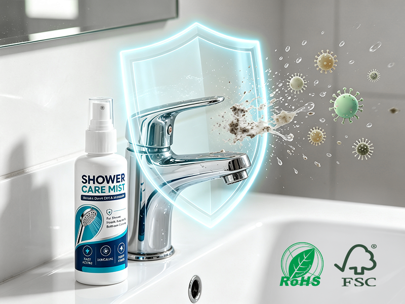Shower Care Mist protecting bathroom fixtures from limescale