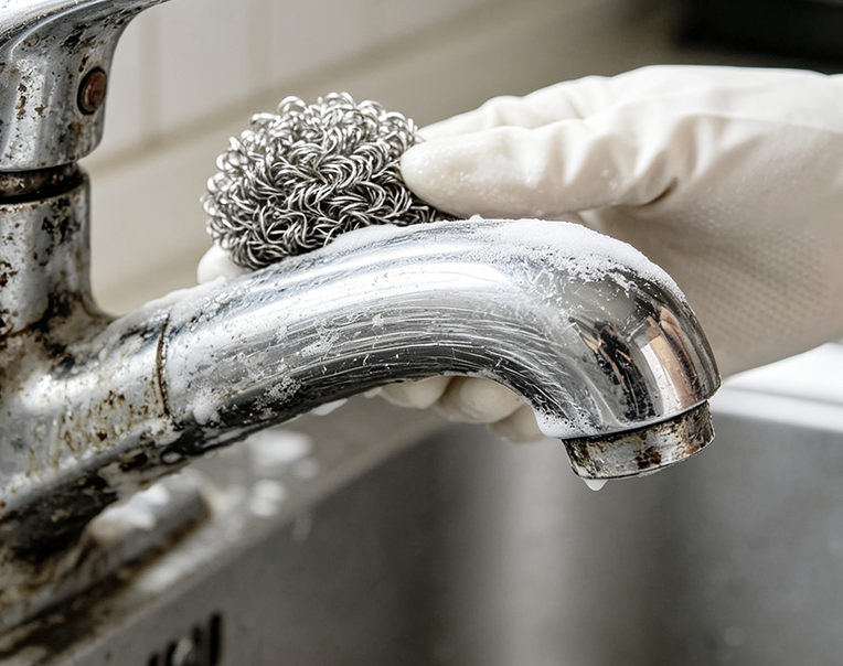 Scrubbing limescale from bathroom faucet