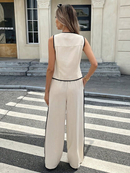 🔥Hot Sale 60% Off🔥Women's Contrast Binding Sleeveless Tank & Drawstring Waist Pants Two-piece Set