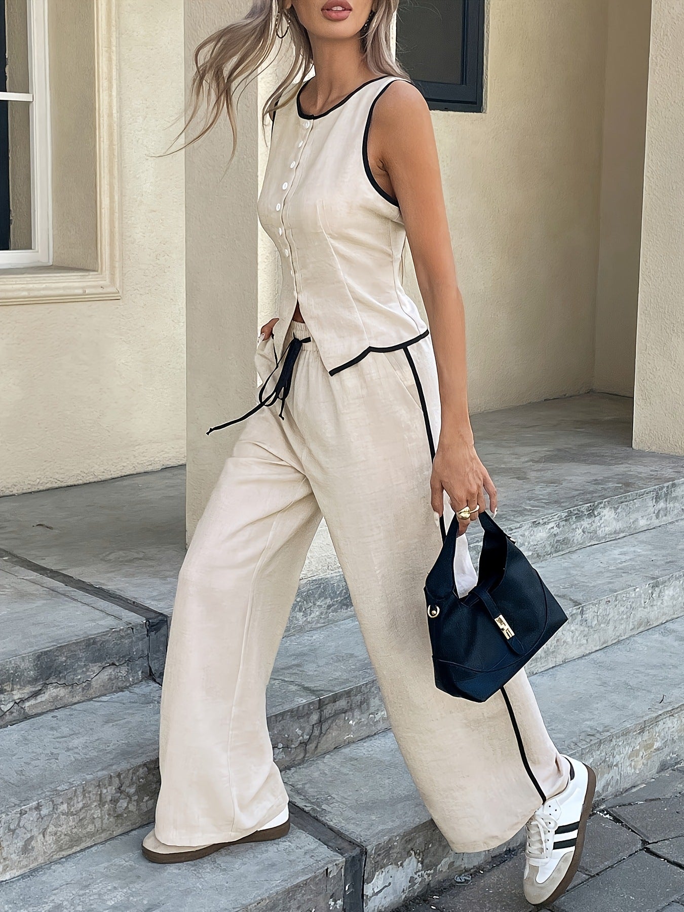 🔥Hot Sale 60% Off🔥Women's Contrast Binding Sleeveless Tank & Drawstring Waist Pants Two-piece Set