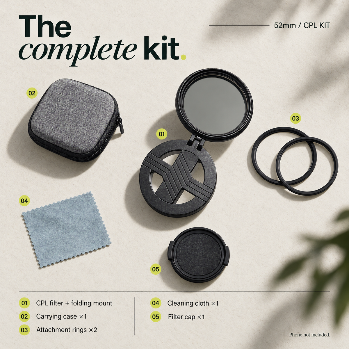 CPL Optical Resin kit LB20335223C01 contents: filter and mount, case, two attachment rings, cloth and cap.
