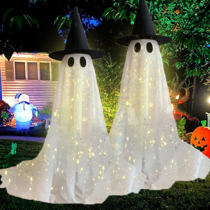 👻✨Halloween Spooky Lighted Ghost Decor Set, Indoor Outdoor Decorative Wind-Resistant Party Decoration Set with String Lights, Waterbags & Hats for Porch Yard, Lighted Party