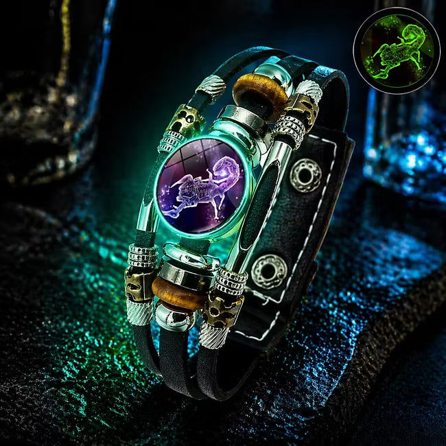 💥Last-day sale – 50% off ☪️Glow-in-the-dark leather zodiac sign bracelet for men and women (6.9/8.1 inches)♑️