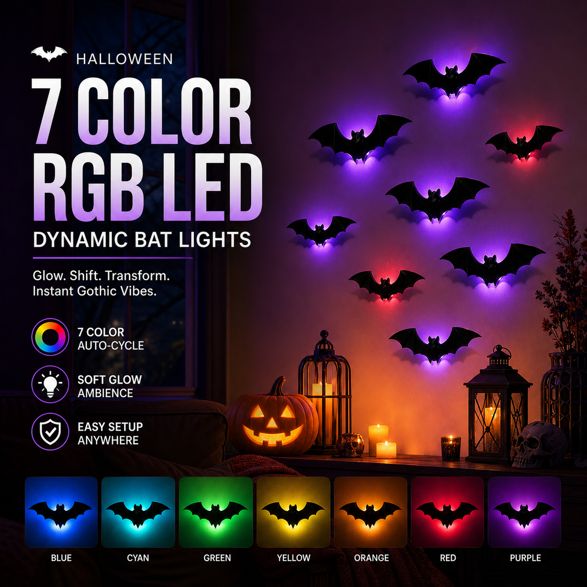 Halloween Bat Wall Stickers – No adhesive needed, peel & stick. Remove without residue – perfect for doors, windows & walls!