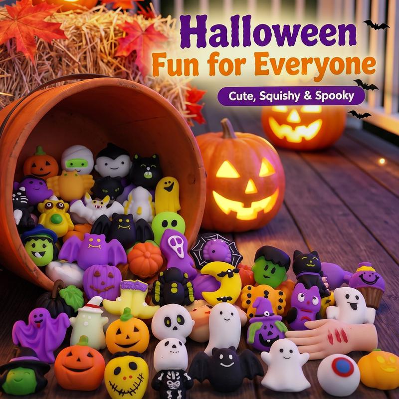 Halloween Squishies Stress Relief Toy Set, Classic Pumpkin/Ghost/Bat Shapes, Super Soft TPR Material with Elastic Squeeze Feel, Washable & Durable, Assorted 24/36/50pcs for Party Favors, Classroom Rewards & Trick-or-Treat