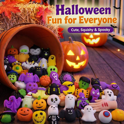 Halloween Squishies Stress Relief Toy Set, Classic Pumpkin/Ghost/Bat Shapes, Super Soft TPR Material with Elastic Squeeze Feel, Washable & Durable, Assorted 24/36/50pcs for Party Favors, Classroom Rewards & Trick-or-Treat