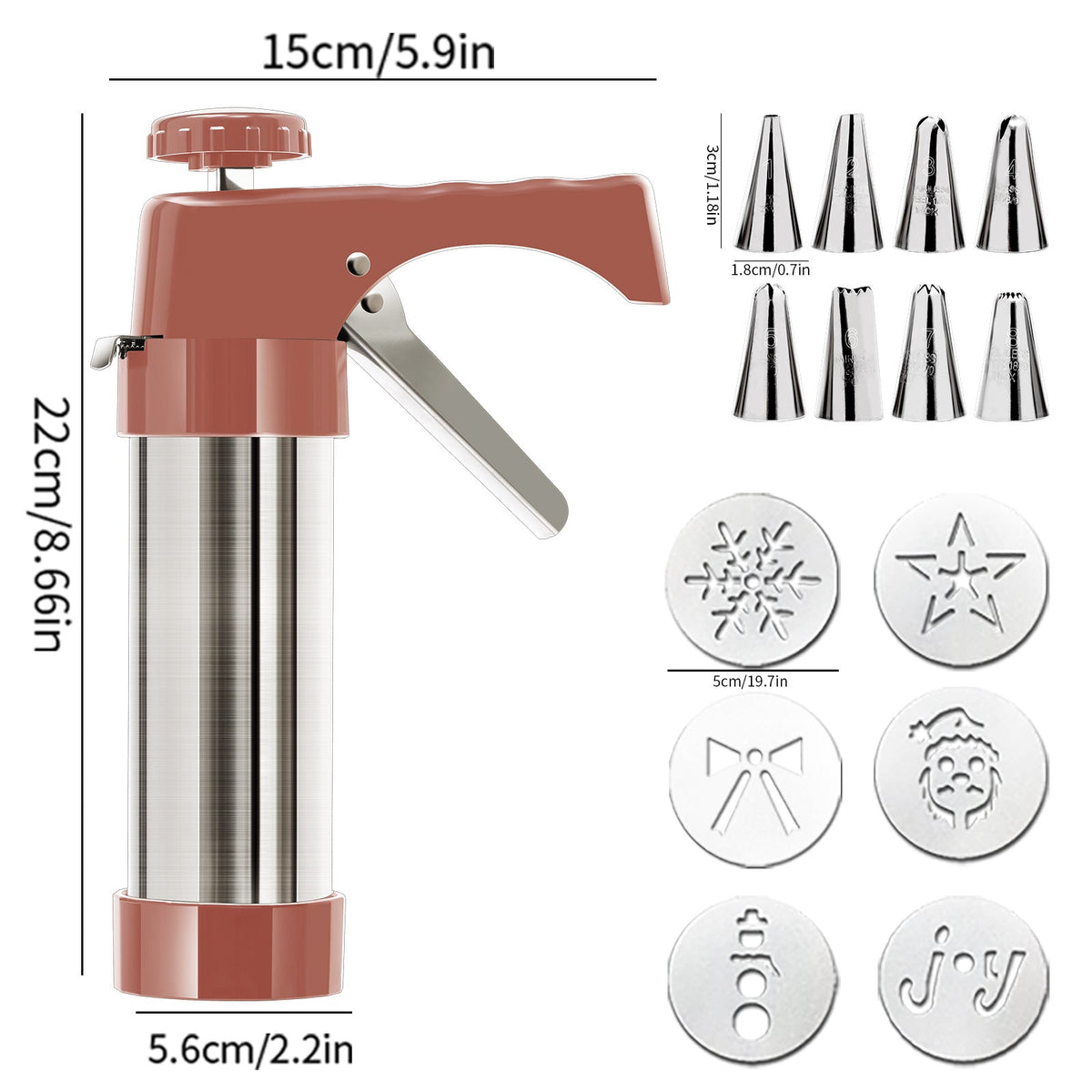 Stainless Steel Cookie Pres with 13 Discs & 8 Nozzles