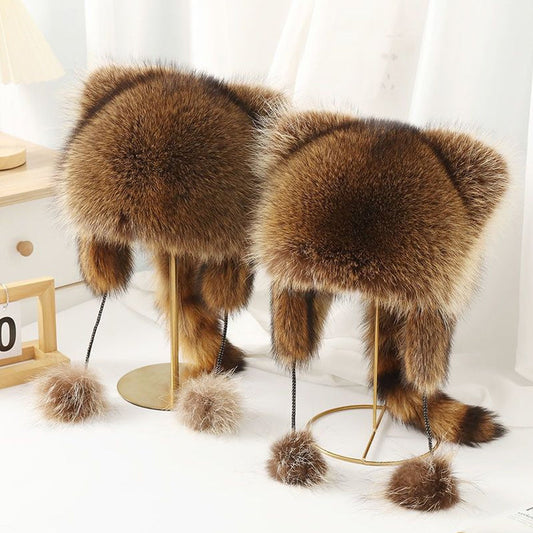 🎁Cute Faux fur Raccoon Tail Parent-Child Plush Hat