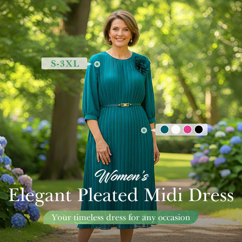 💥Women's 3/4 Sleeve Pleated Midi Dress with Belt