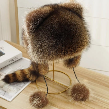🎁Cute Faux fur Raccoon Tail Parent-Child Plush Hat