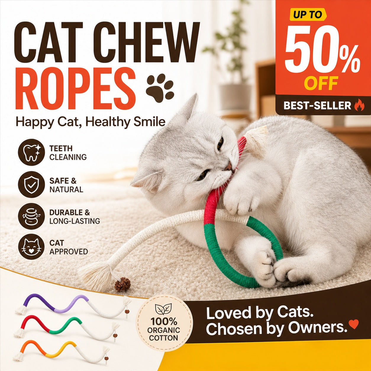 🐾🧶Cat Toys Chew Ropes 3Pcs, Safe Teeth Cleaning Toy for Indoor Kittens, Calming Interactive Kitty Toys