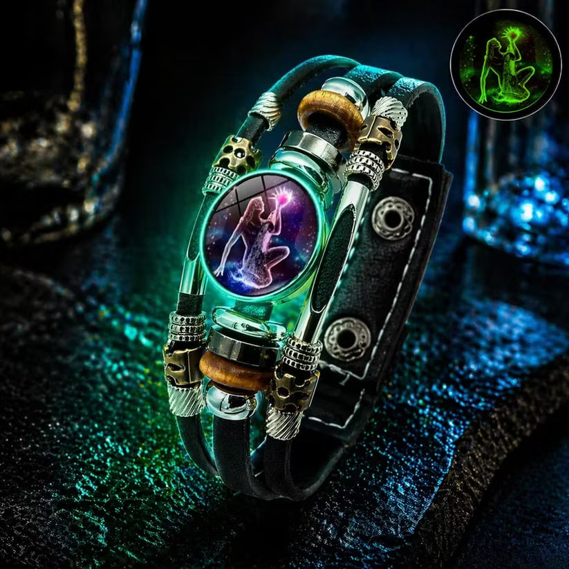 💥Last-day sale – 50% off ☪️Glow-in-the-dark leather zodiac sign bracelet for men and women (6.9/8.1 inches)♑️