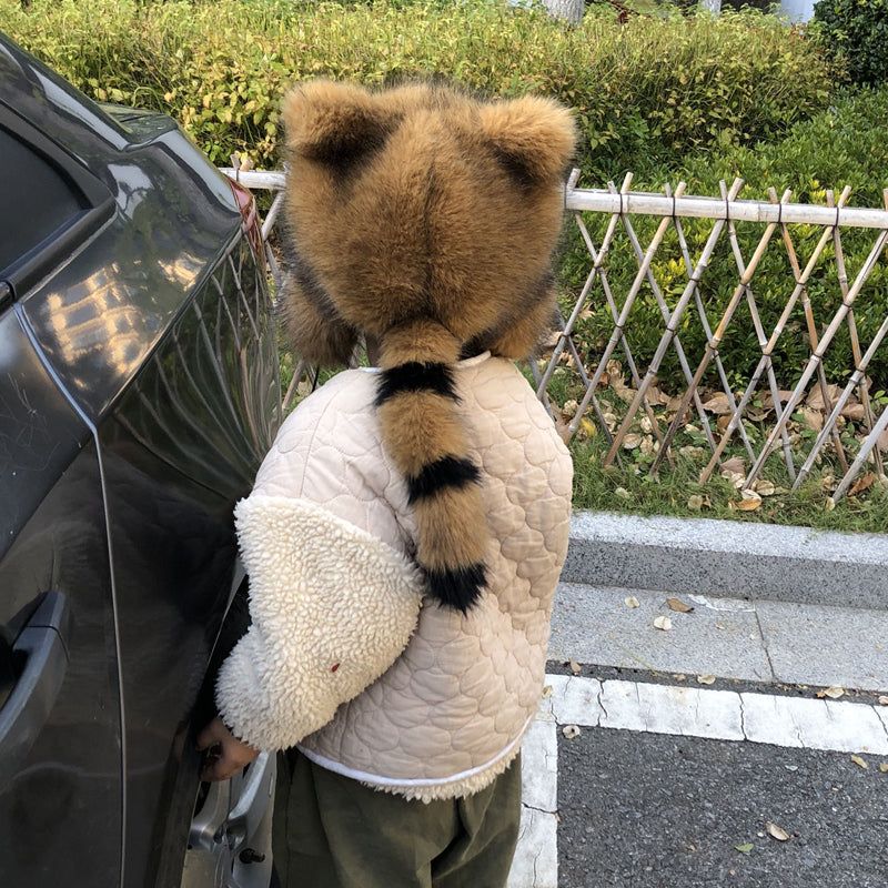 🎁Cute Faux fur Raccoon Tail Parent-Child Plush Hat