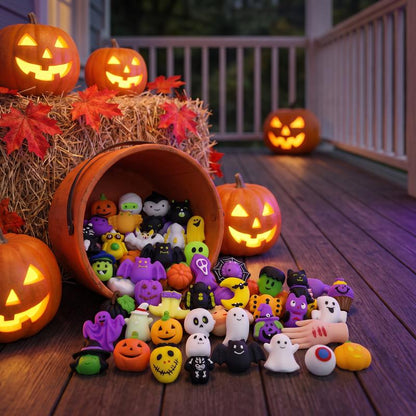 Halloween Squishies Stress Relief Toy Set, Classic Pumpkin/Ghost/Bat Shapes, Super Soft TPR Material with Elastic Squeeze Feel, Washable & Durable, Assorted 24/36/50pcs for Party Favors, Classroom Rewards & Trick-or-Treat