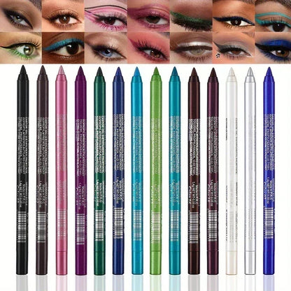 🌈14-Pack Waterproof Colored Gel Eyeliner Pencil – Metallic & Shimmer Finishes, Smudge-Proof（Pencil sharpener color is random）