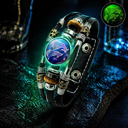 💥Last-day sale – 50% off ☪️Glow-in-the-dark leather zodiac sign bracelet for men and women (6.9/8.1 inches)♑️