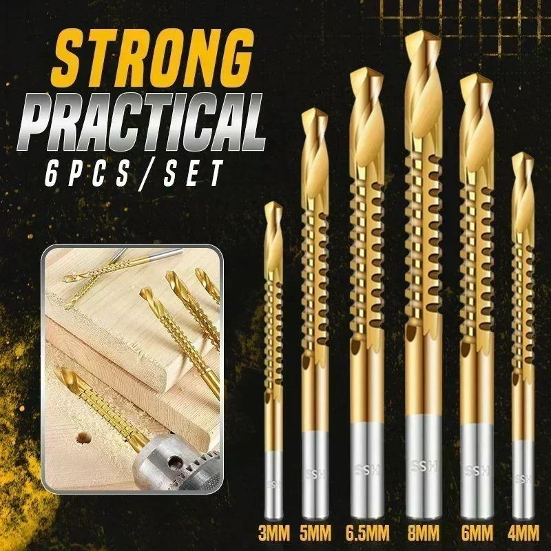 6‑Pcs Titanium‑Coated Twist Drill Bit Set‑ High‑Speed Steel Multi‑Purpose Sawtooth Drill Bits, Cutting & Drilling Combo Tool for Wood, Plastic & Soft Metal DIY Projects