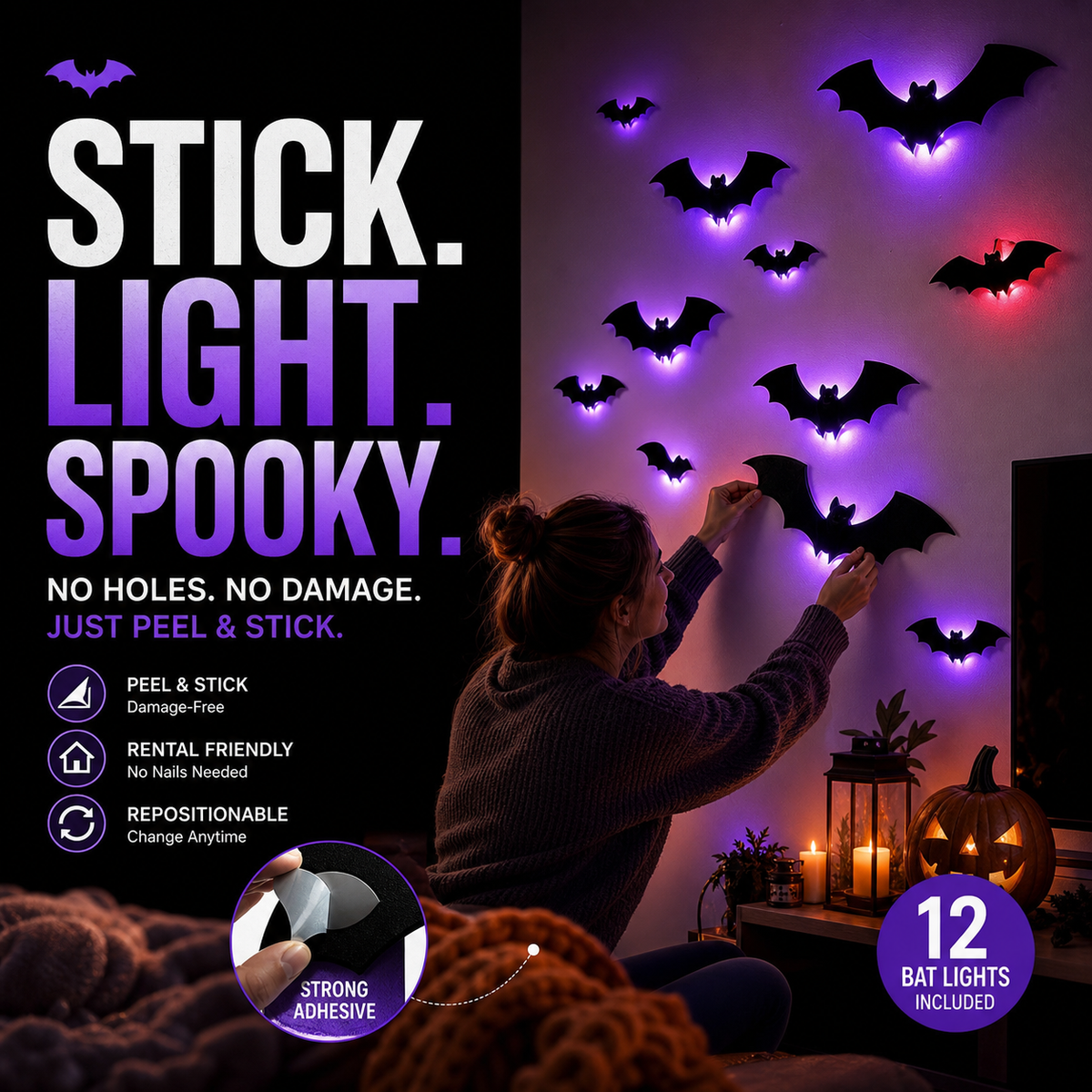 Halloween Bat Wall Stickers – No adhesive needed, peel & stick. Remove without residue – perfect for doors, windows & walls!