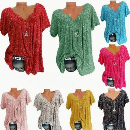 🌞Spring Awakening: 50% Off!🌸Women's Short-Sleeve Blouse with Spring Floral Print: V-Neck & Relaxed Fit – Breathable, Wrinkle-Free & Figure-Flattering for Spring & Summer