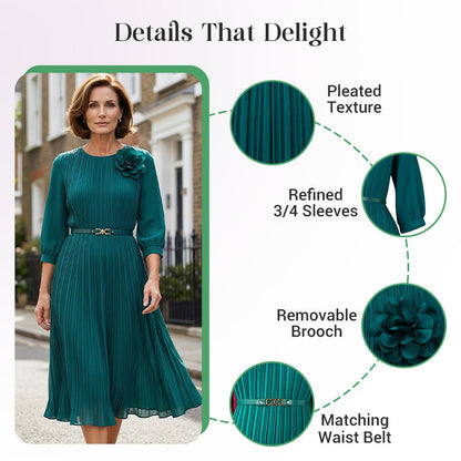 💥Women's 3/4 Sleeve Pleated Midi Dress with Belt