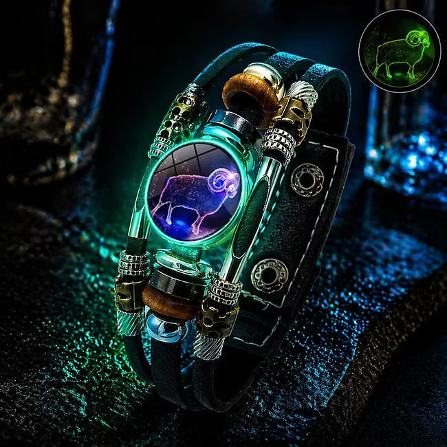 💥Last-day sale – 50% off ☪️Glow-in-the-dark leather zodiac sign bracelet for men and women (6.9/8.1 inches)♑️