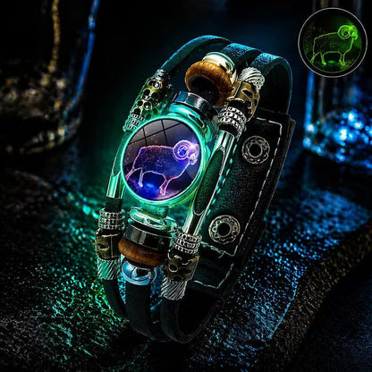 💥Last-day sale – 50% off ☪️Glow-in-the-dark leather zodiac sign bracelet for men and women (6.9/8.1 inches)♑️
