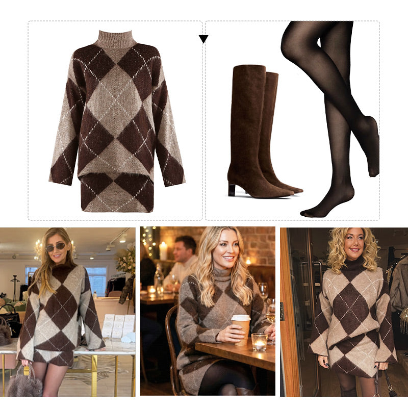 👚Diamond-patterned knit sweater and skirt 2-piece set – Effortless Stylish Outfit in One