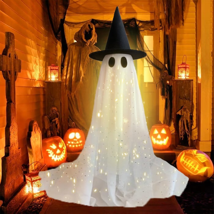 👻✨Halloween Spooky Lighted Ghost Decor Set, Indoor Outdoor Decorative Wind-Resistant Party Decoration Set with String Lights, Waterbags & Hats for Porch Yard, Lighted Party