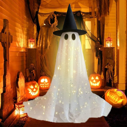 👻✨Halloween Spooky Lighted Ghost Decor Set, Indoor Outdoor Decorative Wind-Resistant Party Decoration Set with String Lights, Waterbags & Hats for Porch Yard, Lighted Party