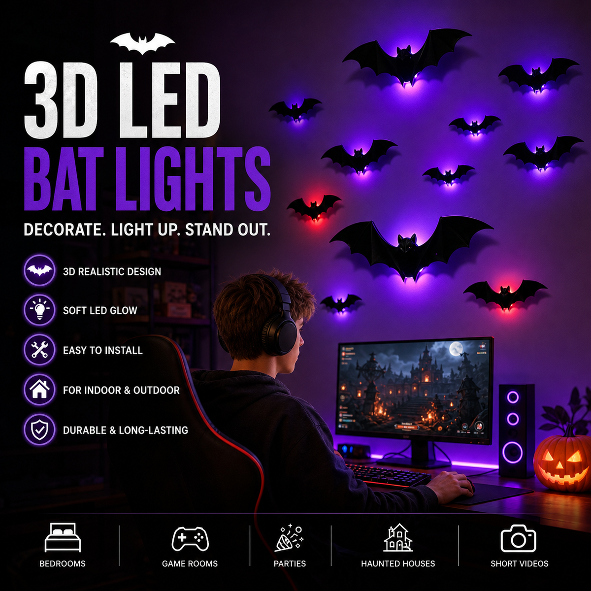Halloween Bat Wall Stickers – No adhesive needed, peel & stick. Remove without residue – perfect for doors, windows & walls!