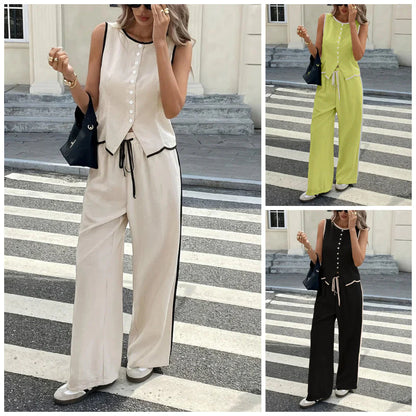 🔥Hot Sale 60% Off🔥Women's Contrast Binding Sleeveless Tank & Drawstring Waist Pants Two-piece Set