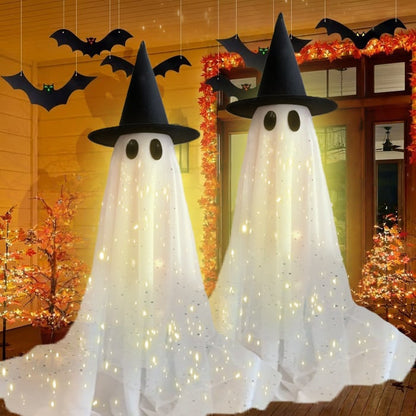 👻✨Halloween Spooky Lighted Ghost Decor Set, Indoor Outdoor Decorative Wind-Resistant Party Decoration Set with String Lights, Waterbags & Hats for Porch Yard, Lighted Party