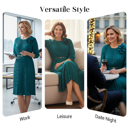 💥Women's 3/4 Sleeve Pleated Midi Dress with Belt