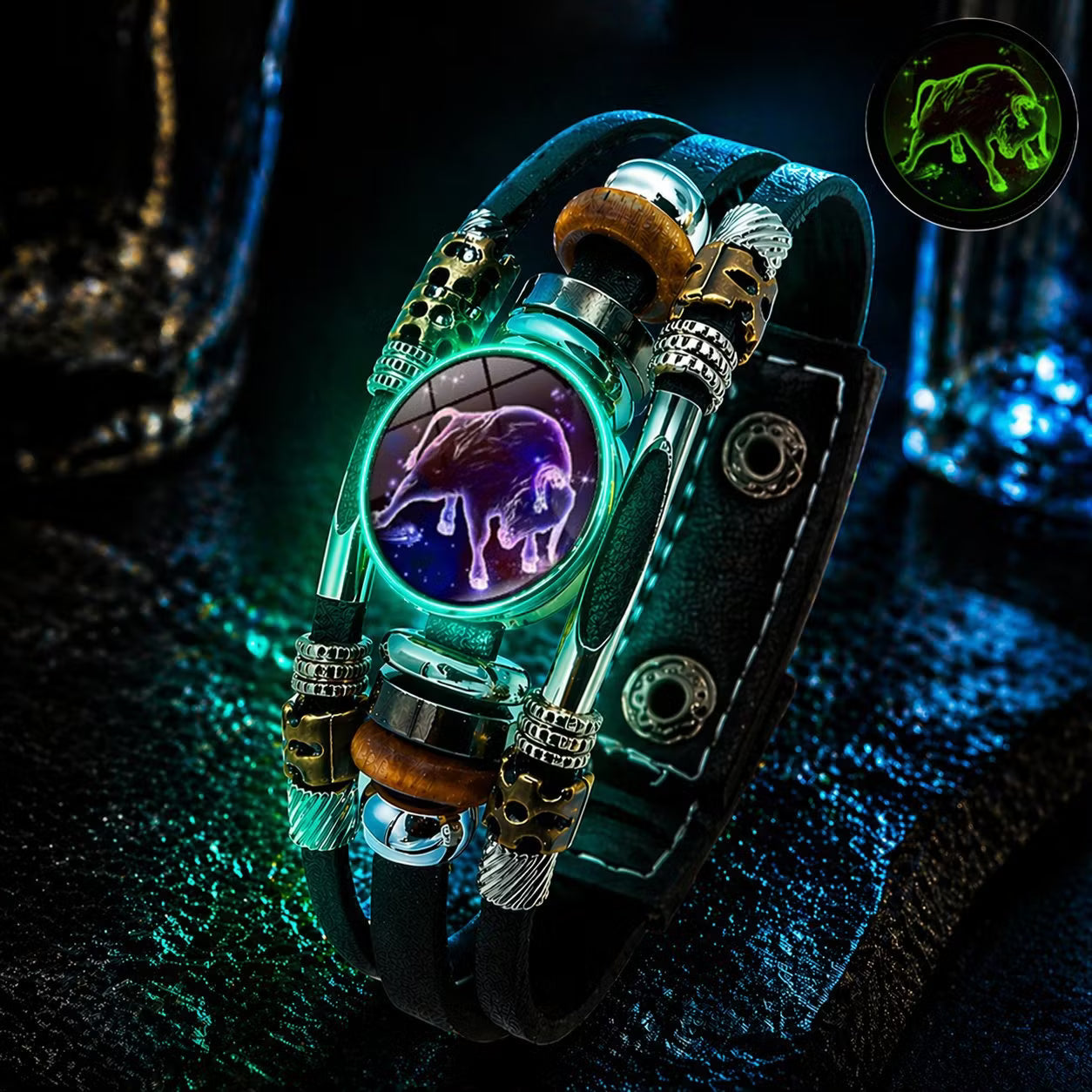 💥Last-day sale – 50% off ☪️Glow-in-the-dark leather zodiac sign bracelet for men and women (6.9/8.1 inches)♑️