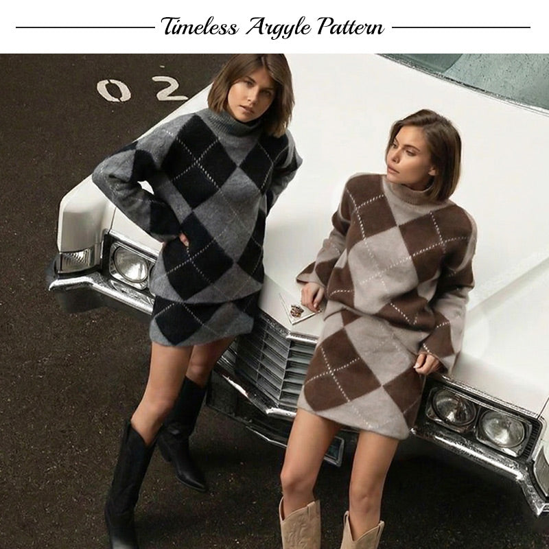 👚Diamond-patterned knit sweater and skirt 2-piece set – Effortless Stylish Outfit in One