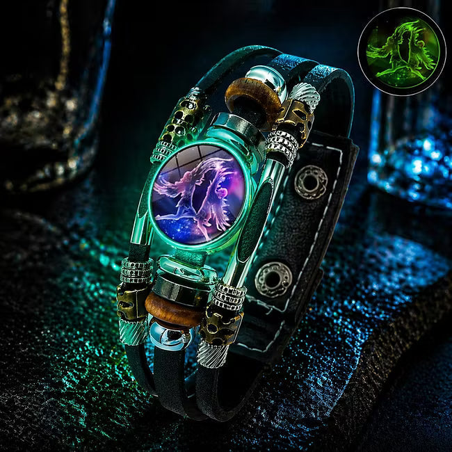 💥Last-day sale – 50% off ☪️Glow-in-the-dark leather zodiac sign bracelet for men and women (6.9/8.1 inches)♑️