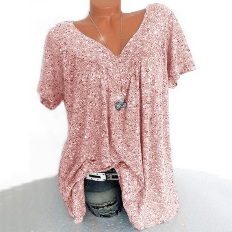 🌞Spring Awakening: 50% Off!🌸Women's Short-Sleeve Blouse with Spring Floral Print: V-Neck & Relaxed Fit – Breathable, Wrinkle-Free & Figure-Flattering for Spring & Summer