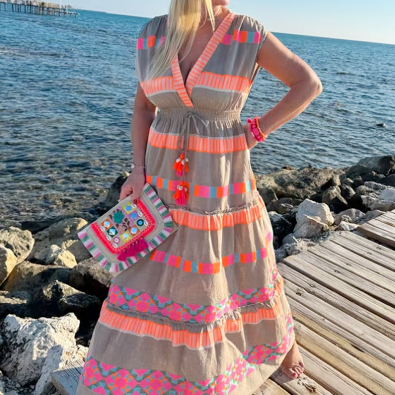 💕What should I wear tomorrow?💕Women's Loose V-Neck Vintage Stripe Pattern Sleeveless Dress