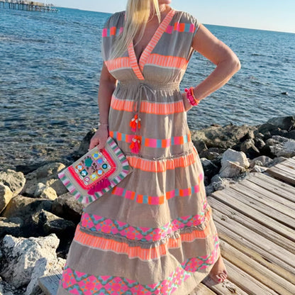 💕What should I wear tomorrow?💕Women's Loose V-Neck Vintage Stripe Pattern Sleeveless Dress