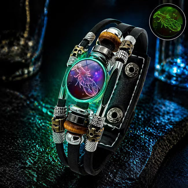 💥Last-day sale – 50% off ☪️Glow-in-the-dark leather zodiac sign bracelet for men and women (6.9/8.1 inches)♑️