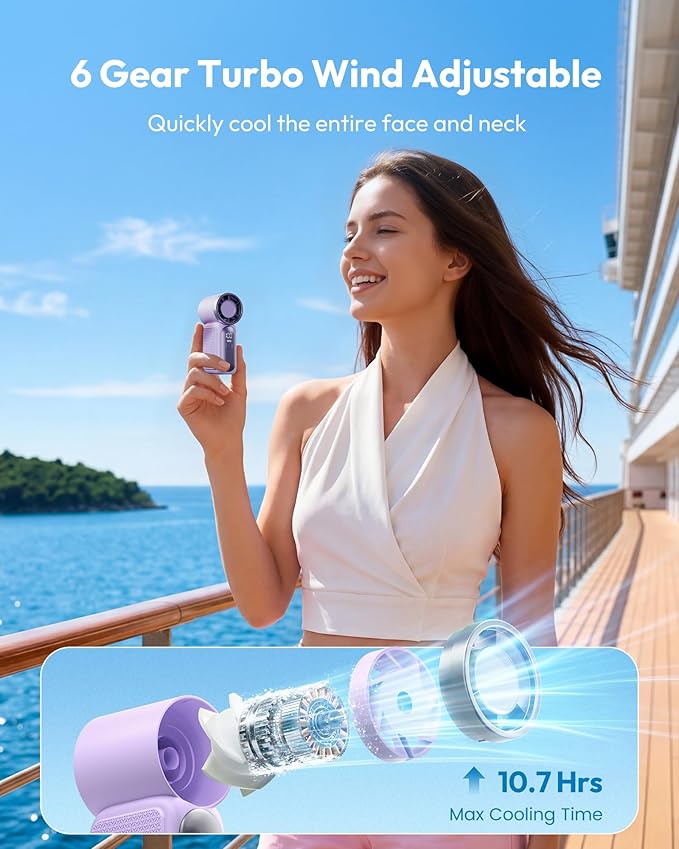 ❄️Mini Handheld Fan with LED Display👍5-Speed Turbo Pocket size Fan✨USB Rechargeable, High-Speed Cooling for Travel & Makeup