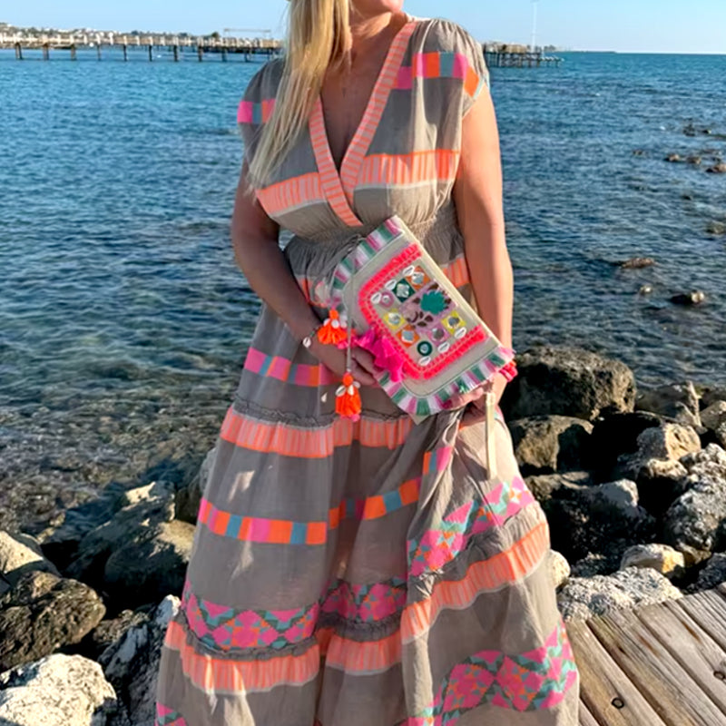 💕What should I wear tomorrow?💕Women's Loose V-Neck Vintage Stripe Pattern Sleeveless Dress